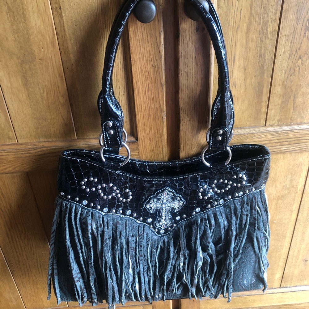 Black western fringe purse